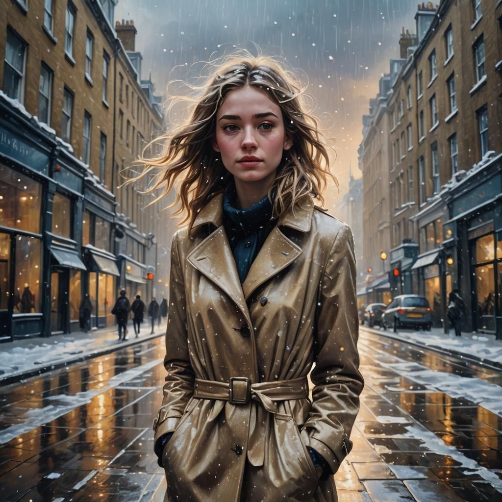 Dreamlike Woman in Snowy London Street, Surreal Oil Painting