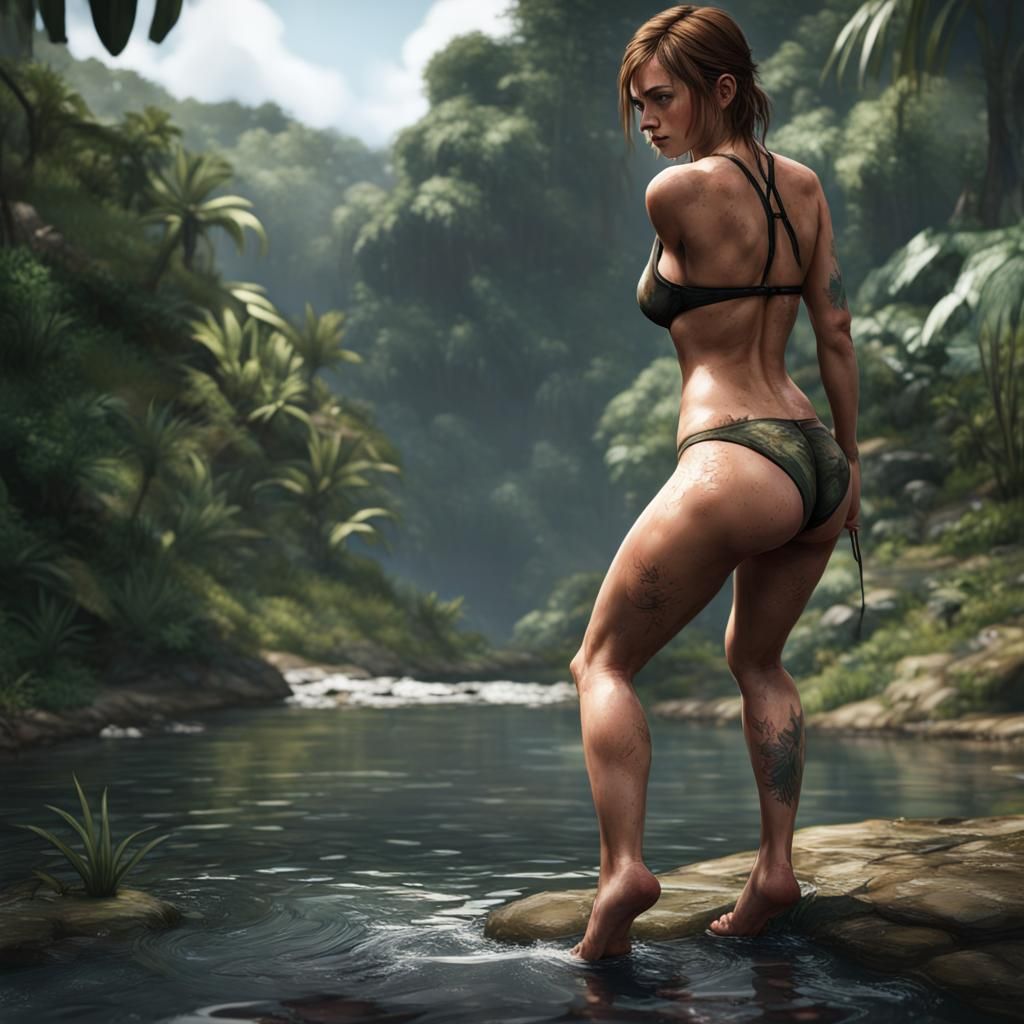 Woman in Bikini Bending Over in Jungle, Hyperrealistic