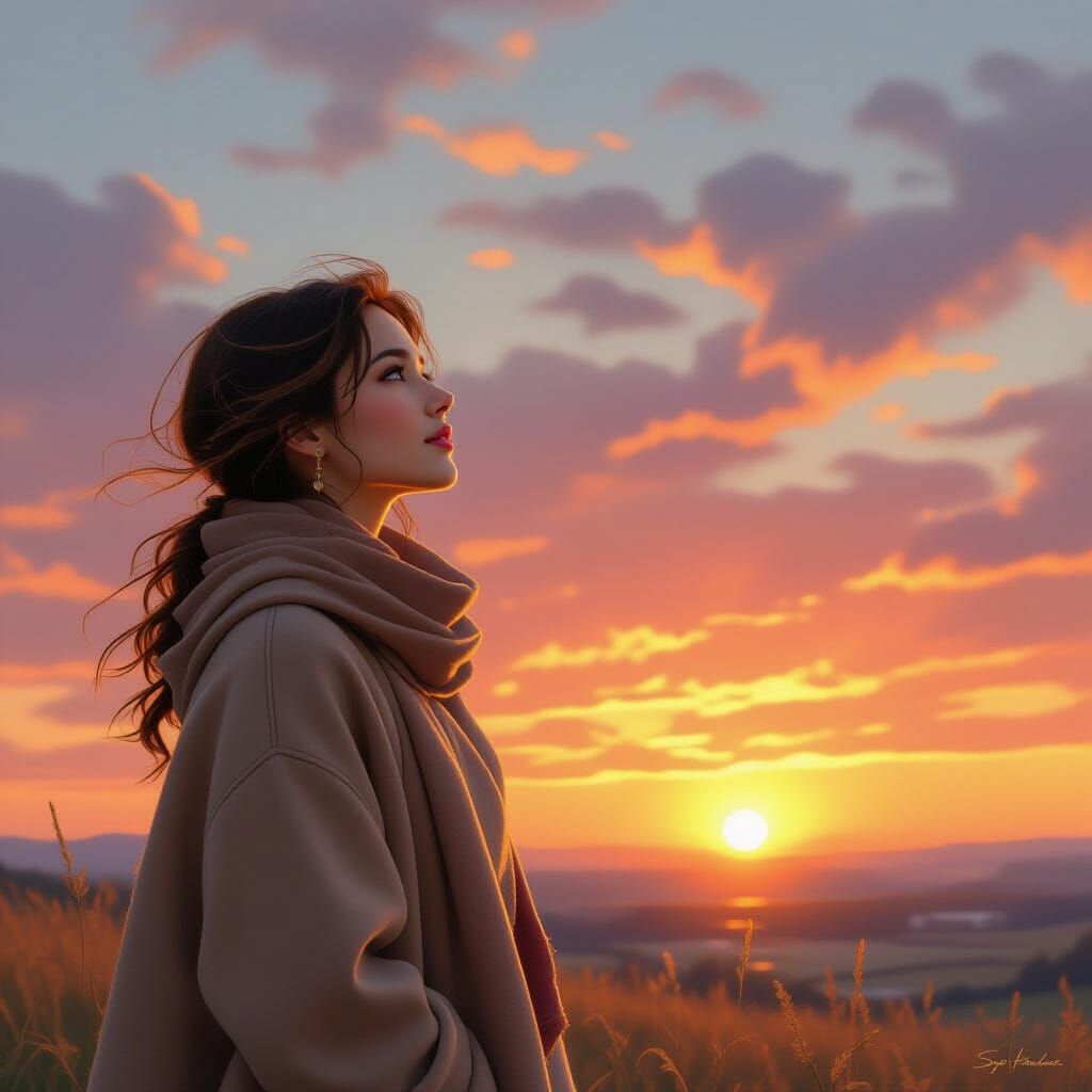 Woman Gazing at Sunrise in Art Nouveau Style
