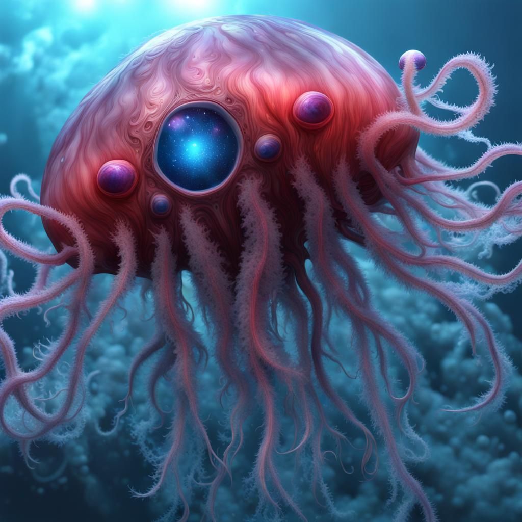 Mutated Alien Baby: Horror Hybrid in Ethereal Bubbles