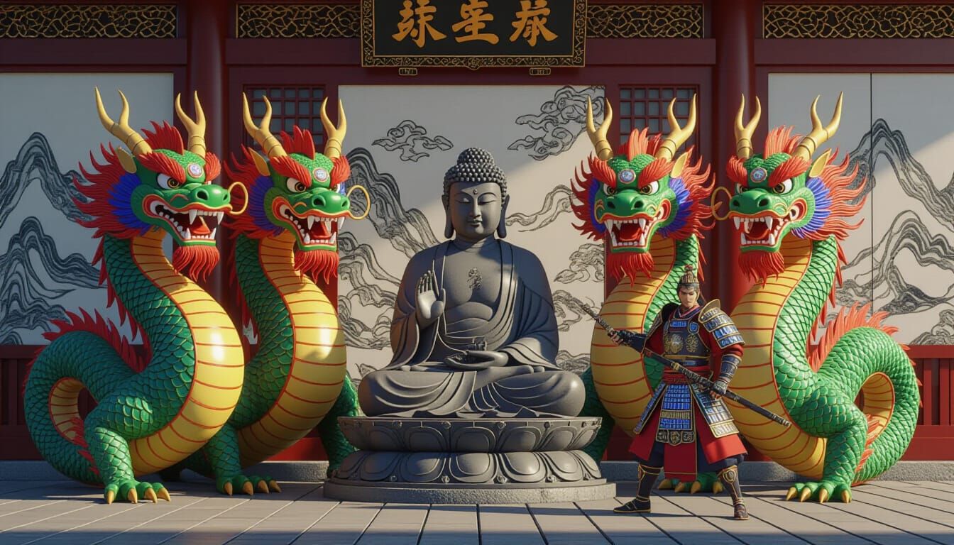 Five-Headed Dragon Guards Buddha and Warrior