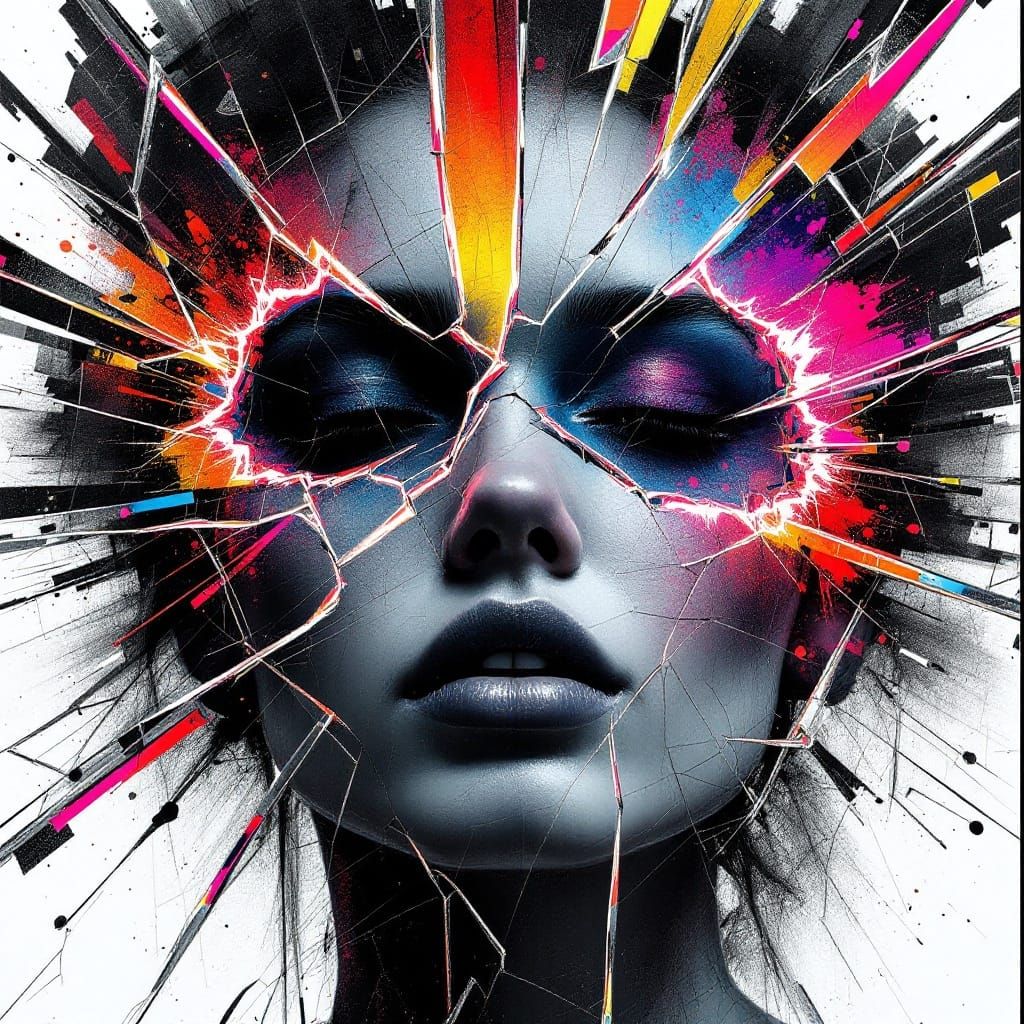 Fractured Neon Face in Shattered Glass