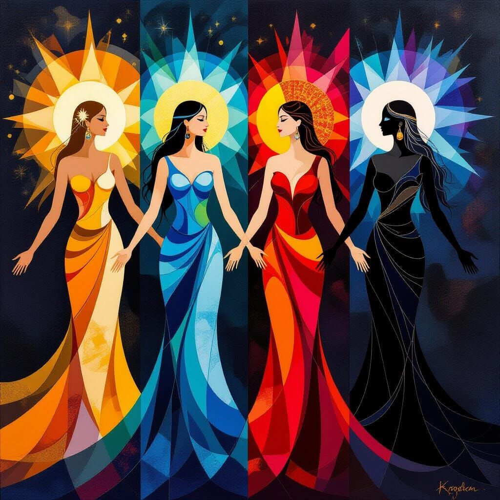 Four Goddesses of Cardinal Directions in Abstract Art Style