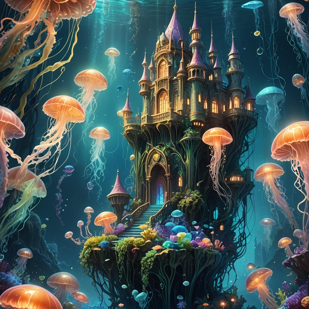 Luminescent Underwater Palace: Fantasy Concept Art