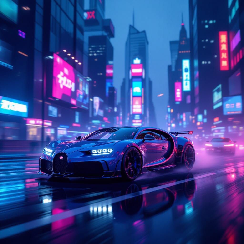 Bugatti Chiron Races Through Neon Cyberpunk City