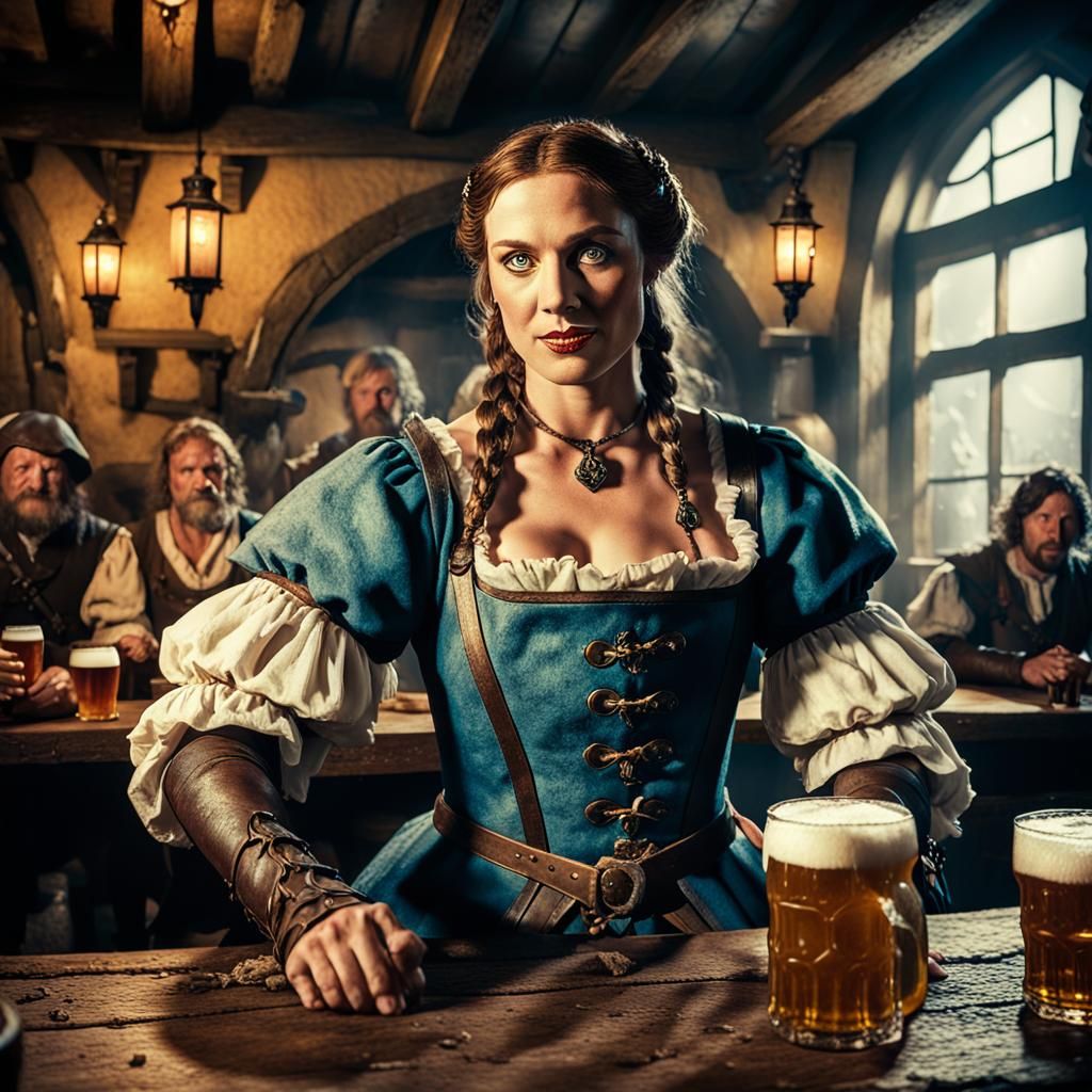 Fantasy Tavern Wench Serving Adventurers: Cinematic Still