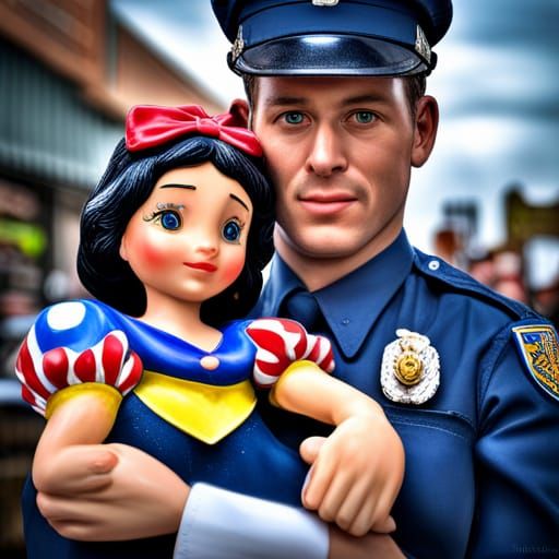 Hyperrealistic Policeman with Snow White Doll