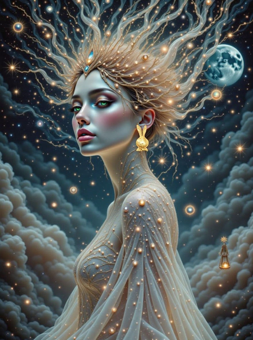 Ethereal Rabbit Queen Crowned in Moonlight and Stars
