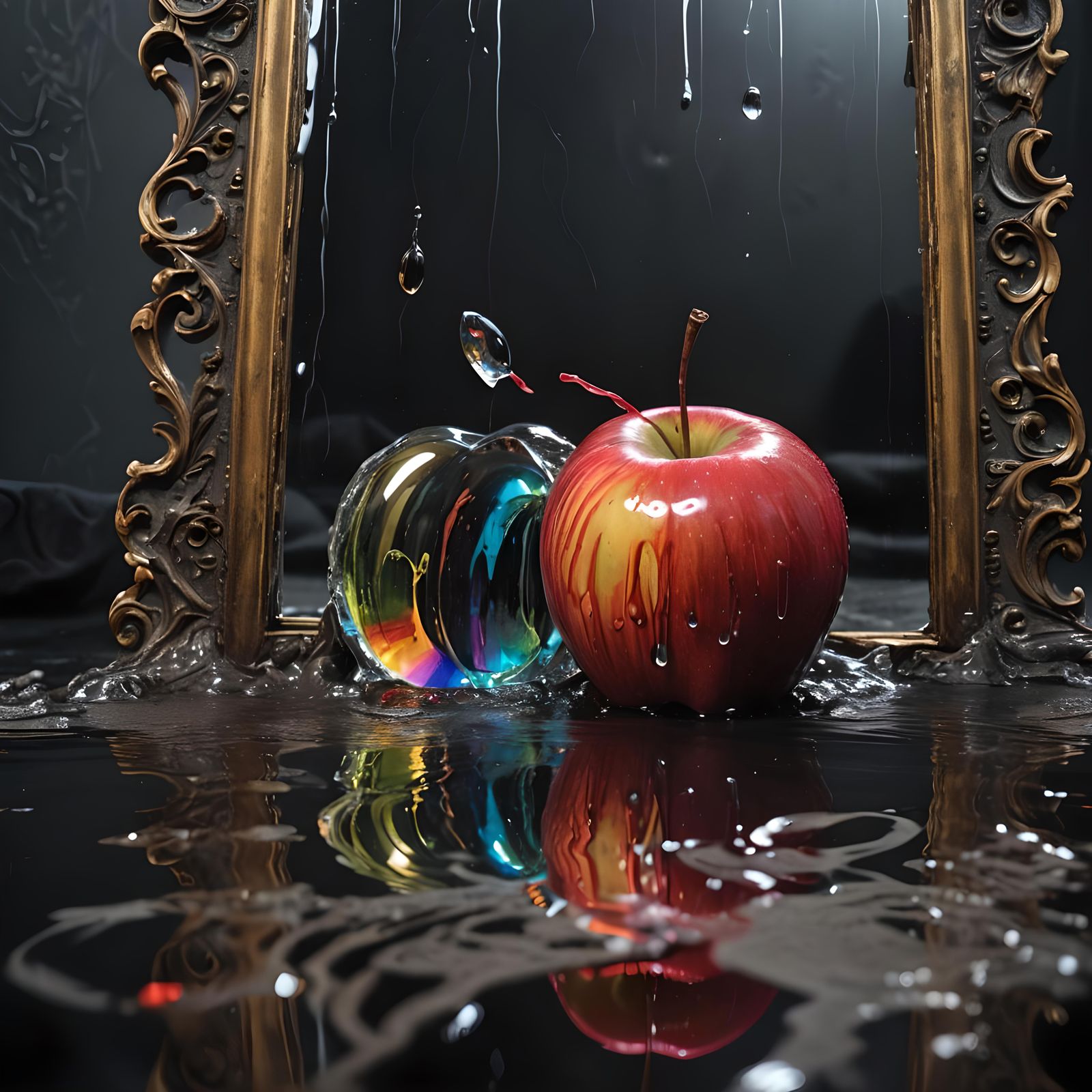 Rainbow Apple Reflection in Dark Gothic Mirror
