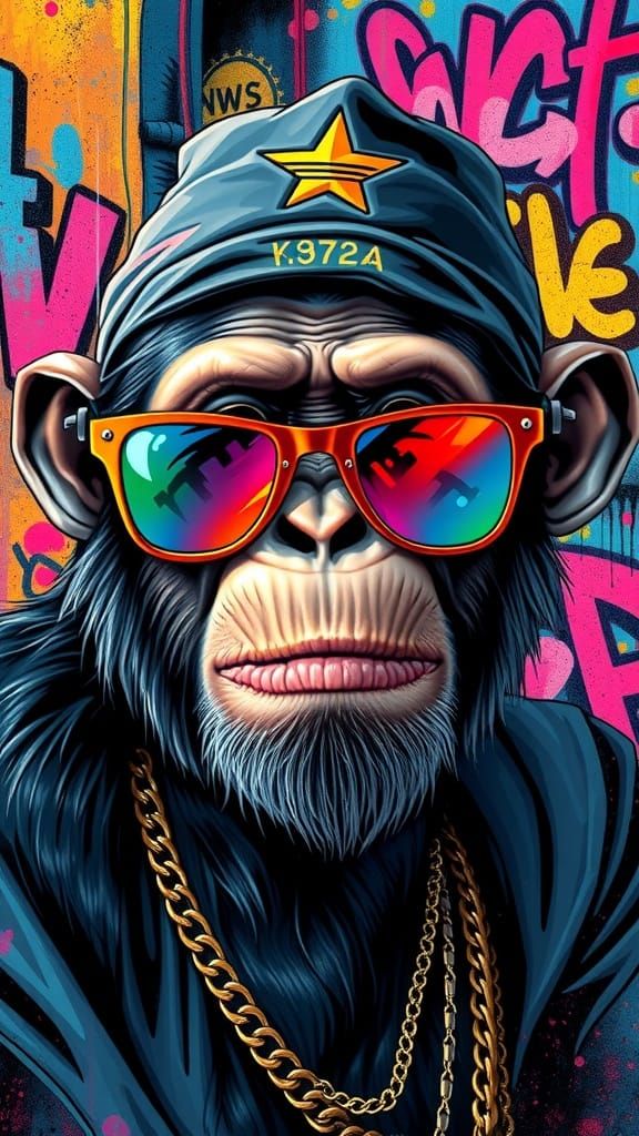 Chimpanzee Rapper in Futuristic Graffiti World