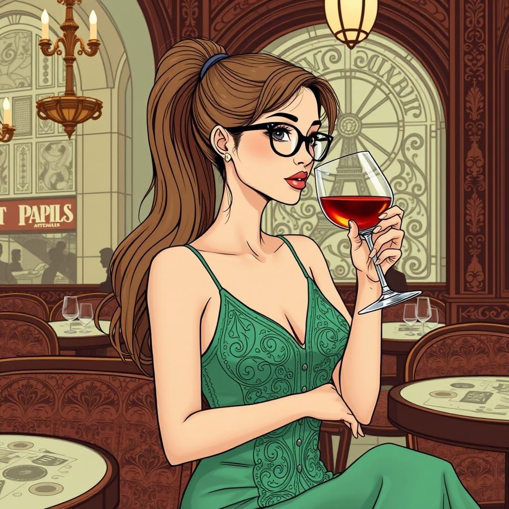 Eurasian Woman in Parisian Cafe, Ligne Claire Style