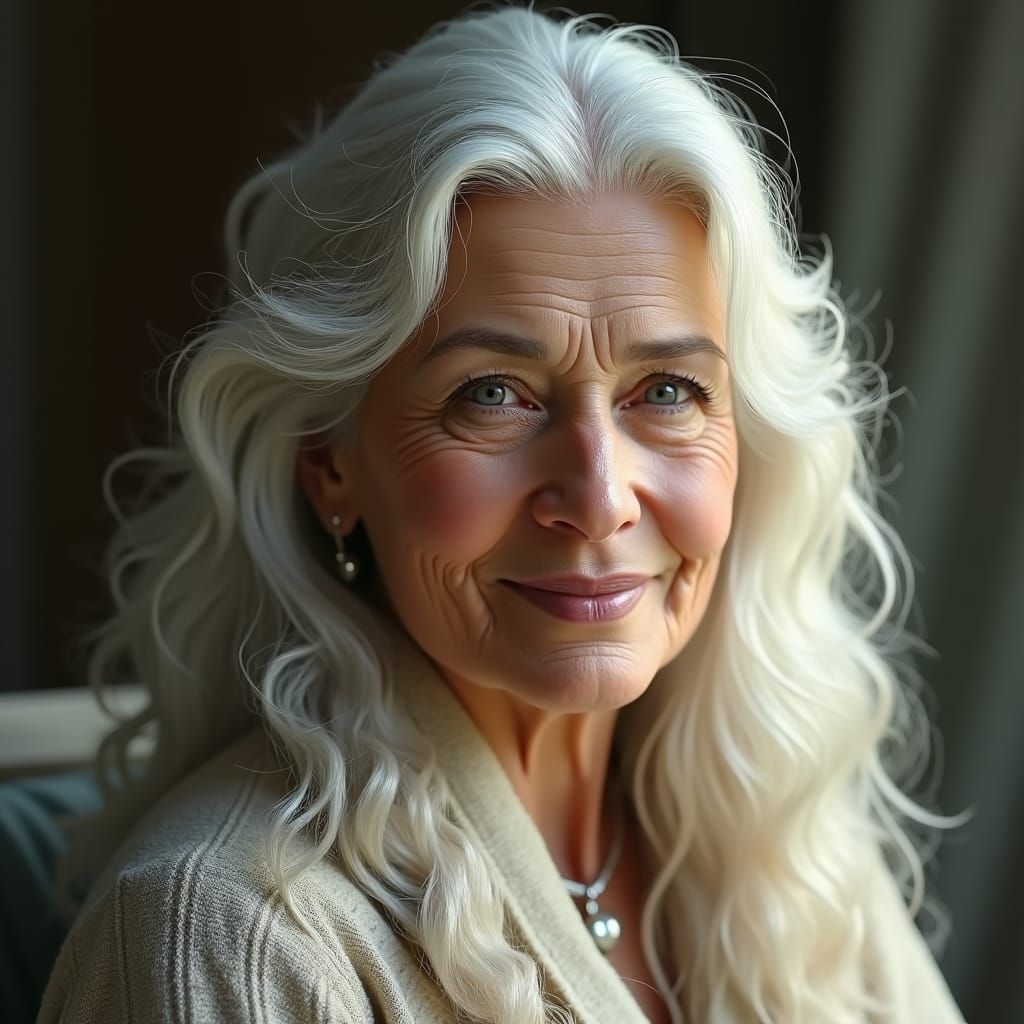 Elegant Portrait of Silver-Haired Woman in Hyper-Realistic S...