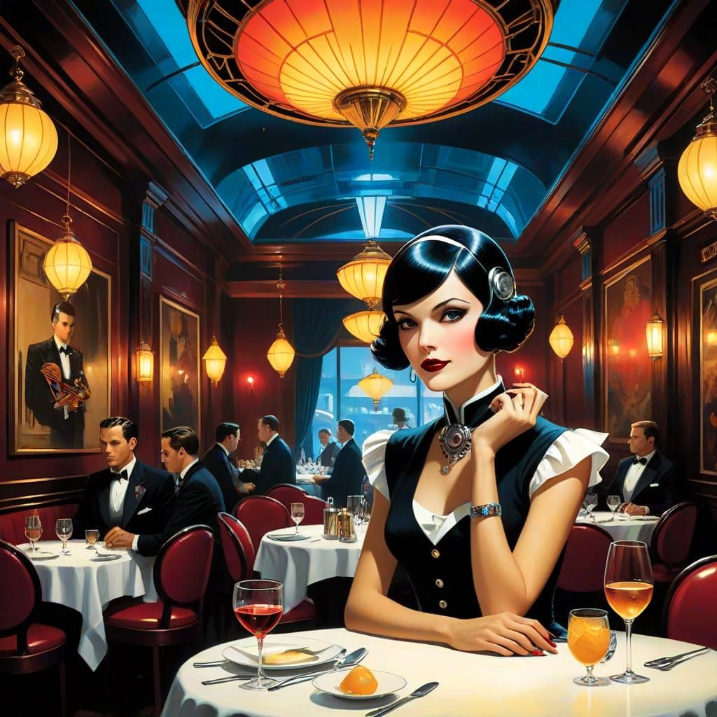 Cyborg Waitress in Vibrant Retrofuturist Baroque Restaurant