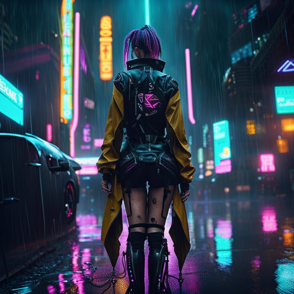 Cyberpunk Woman in Rainy Cityscape