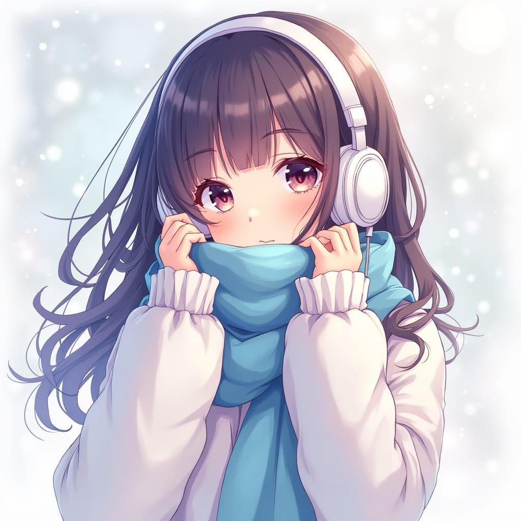 Anime Girl with Headphones in Vibrant Winter Scene