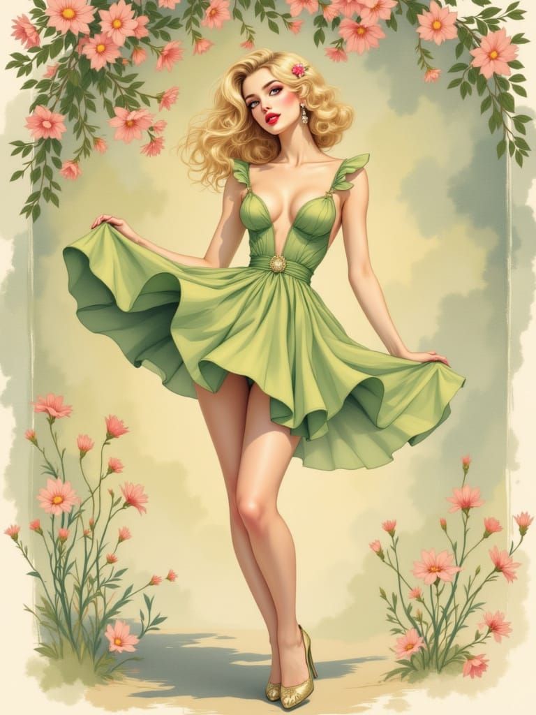 Romantic Art Nouveau Pin-Up Girl Blooms in Springtime