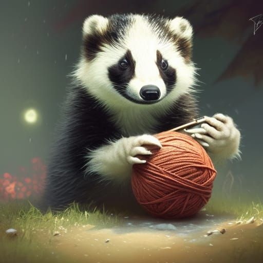 Baby Badger with Yarn in Art Nouveau Style
