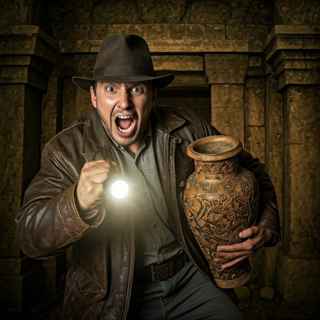 Adventurer in Ancient Tomb with Sci-Fi Lighting