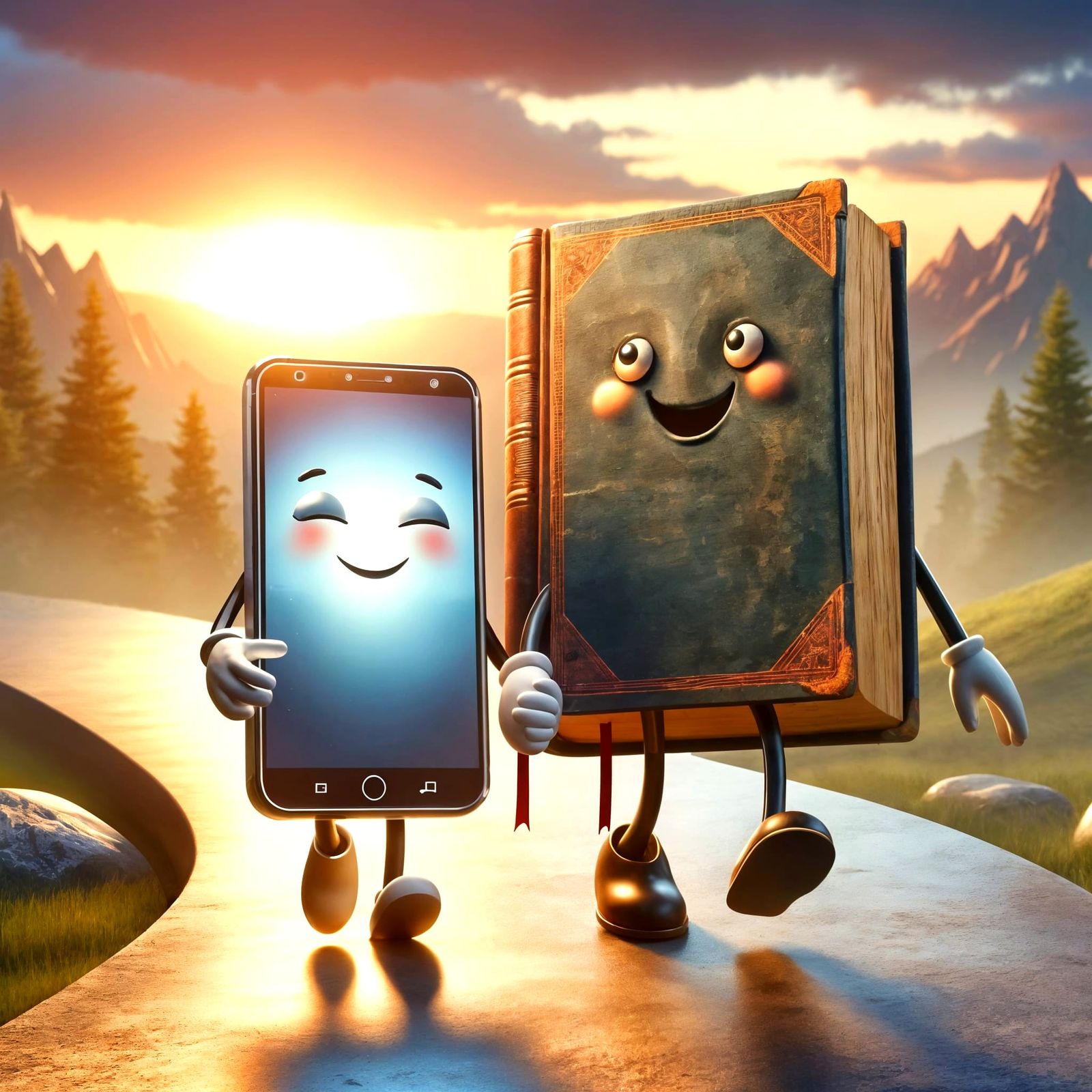 Book and Smartphone Friends on a Path