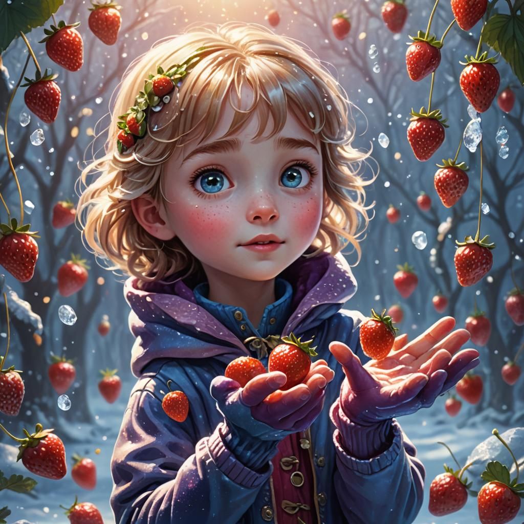 Child Reaching for Floating Strawberries in Fantasy Art