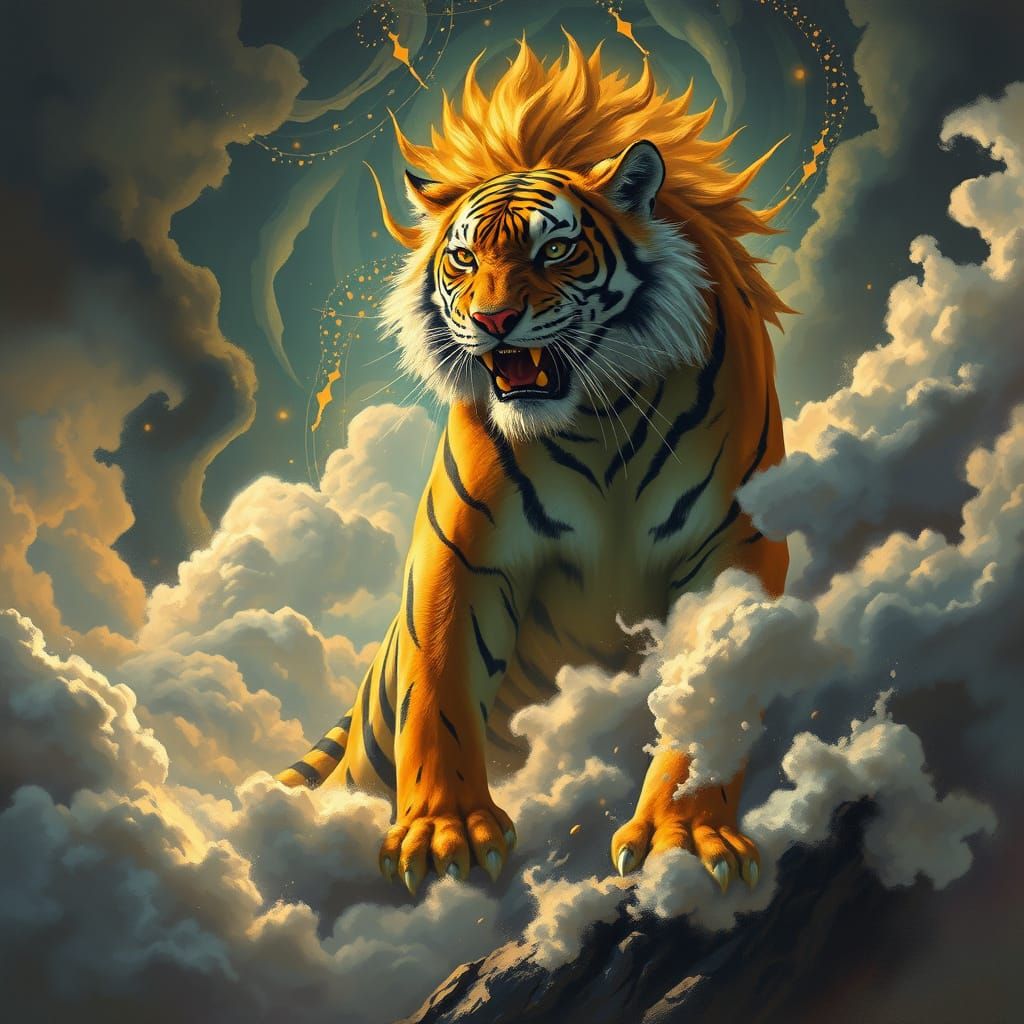 Majestic Tiger in Chaotic Clouds, Vibrant Art