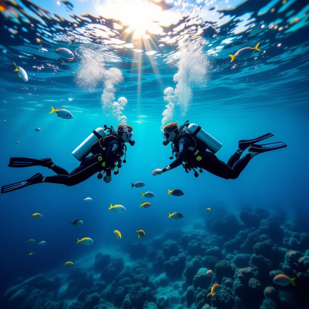 Divers Discovering Atlantis: A Vibrant Underwater Portrait