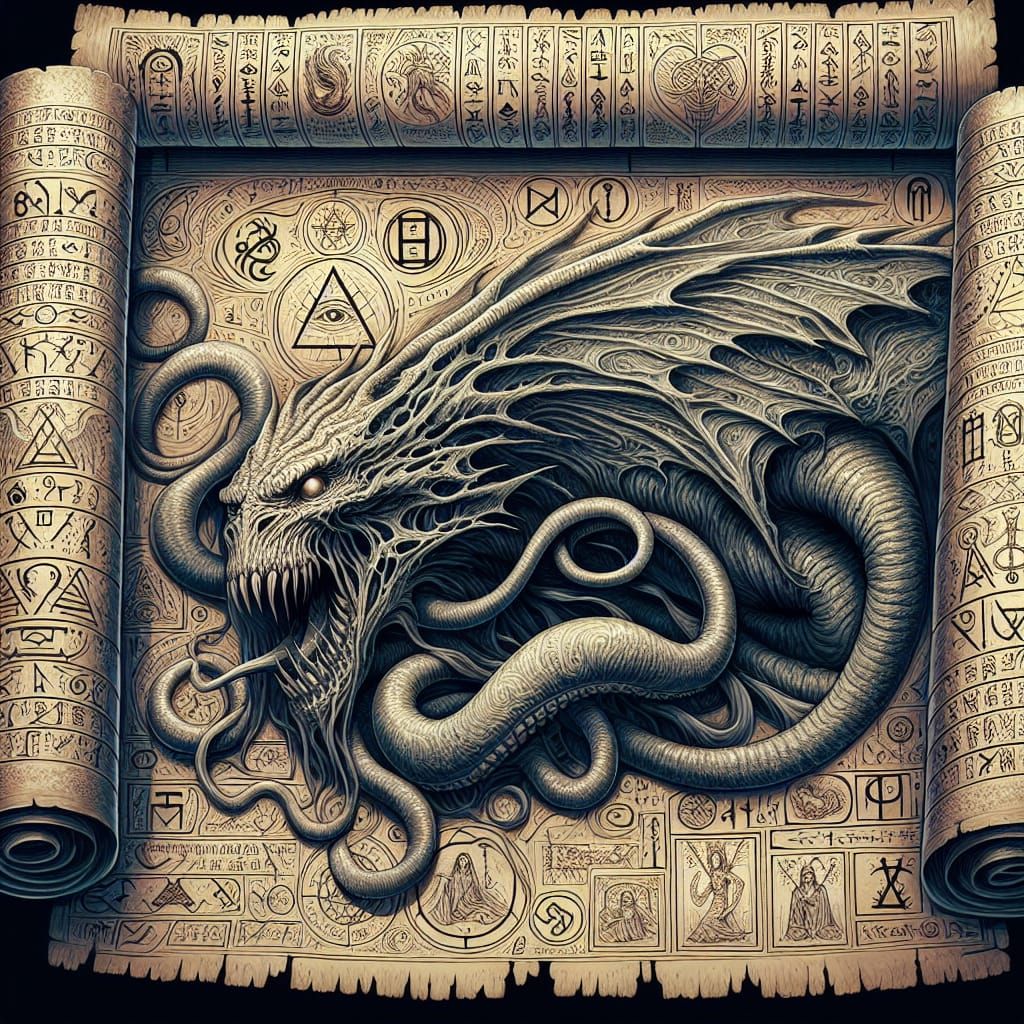 Ancient Scroll with Cthulhu Illustration