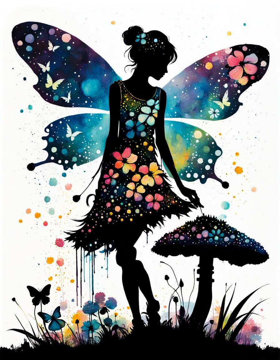 Tiny Fairy Silhouette on Mushroom in Vibrant Colors
