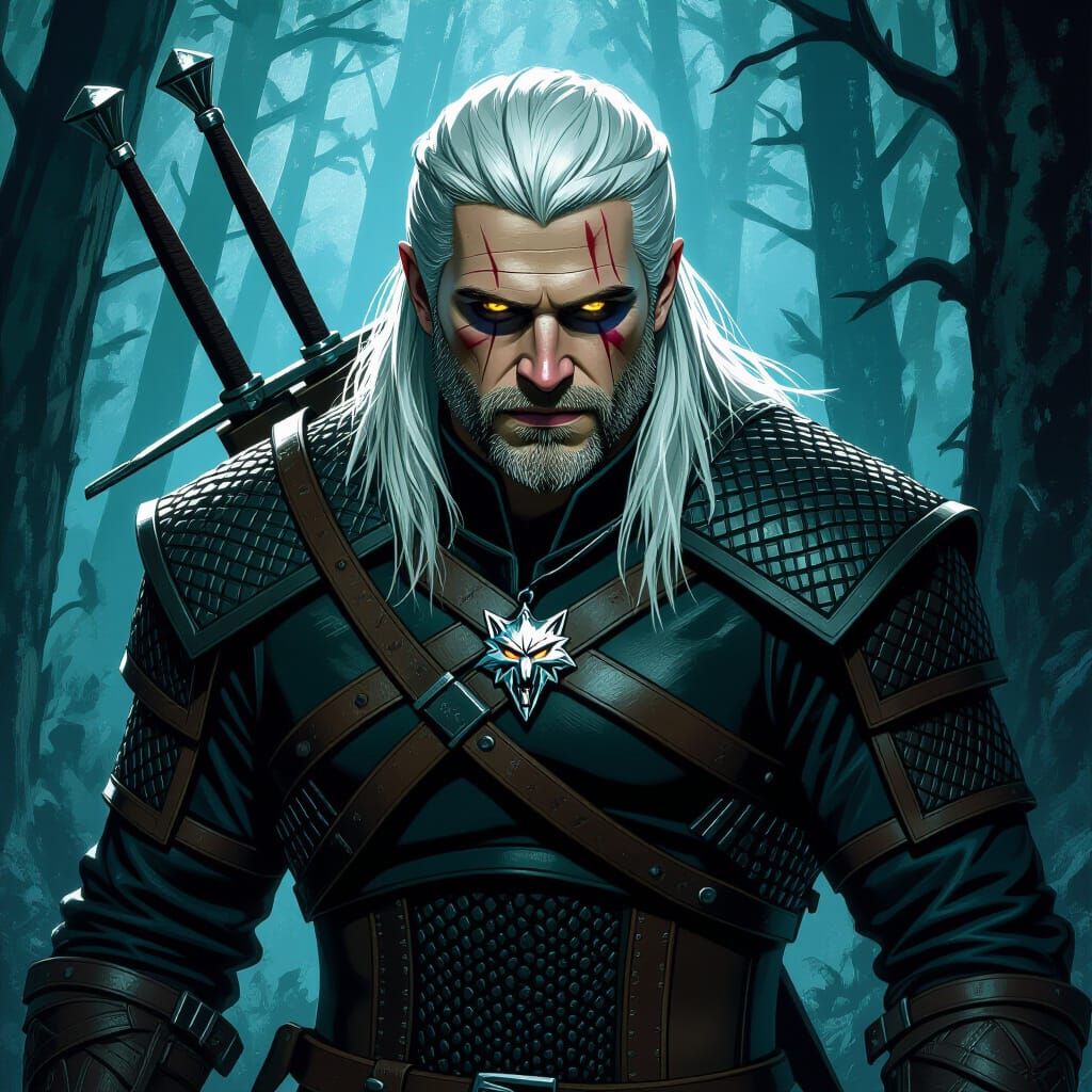 Geralt of Rivia Battles Monsters in Dark Forest