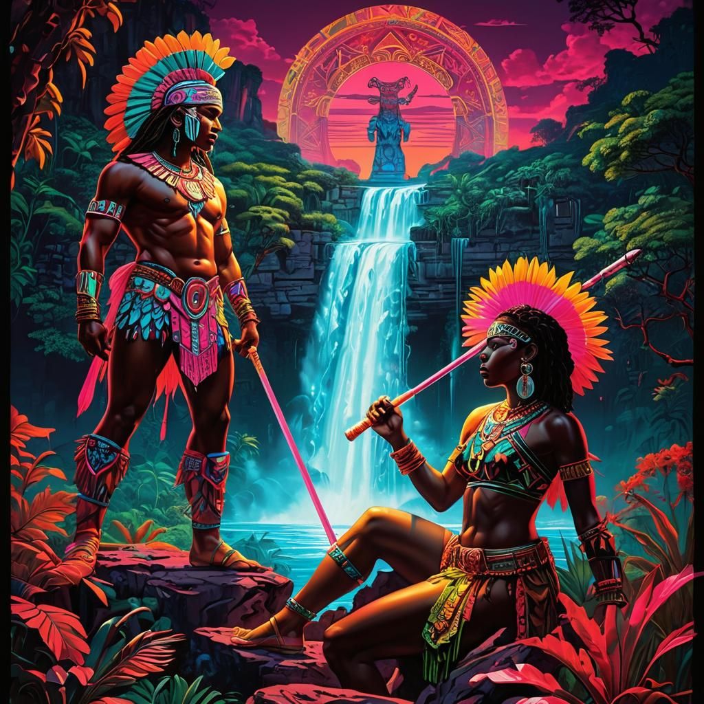 Psychedelic Aztec Warrior in Neon Jungle