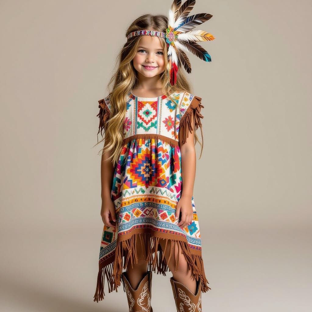 Young Girl in Colorful Feathered Dress and Cowboy Boots