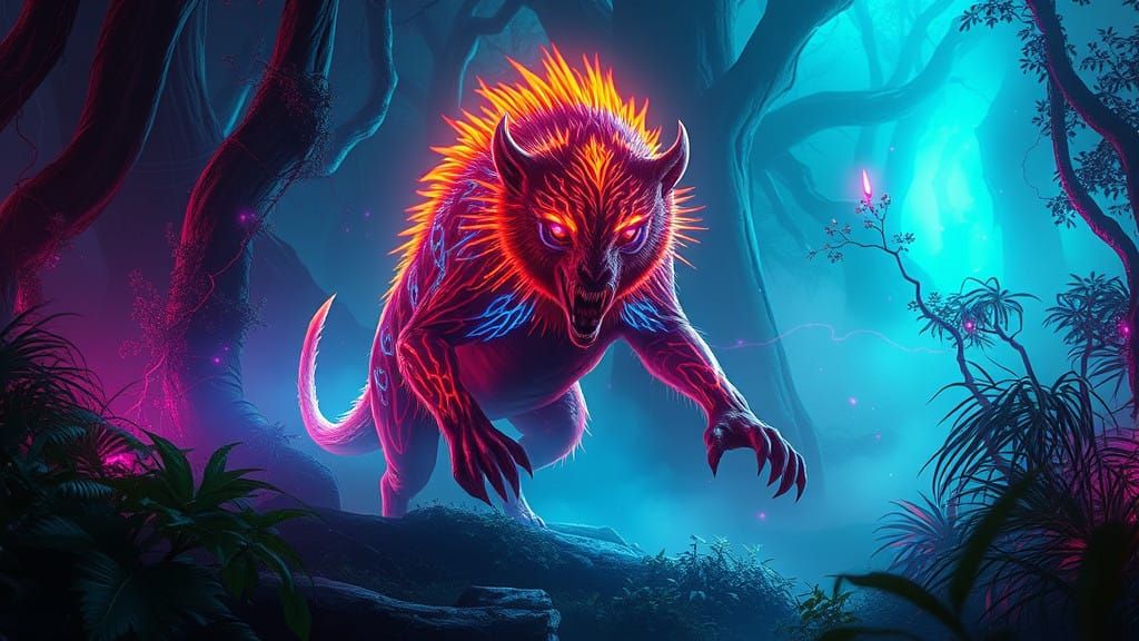 Surreal Feral Beast Unfolds in Neon Fantasy Landscape