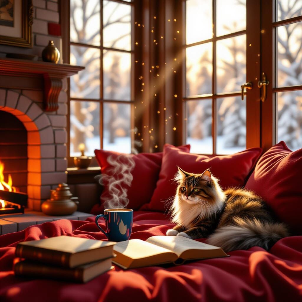 Cozy Sunlit Room with Fireplace and Cat