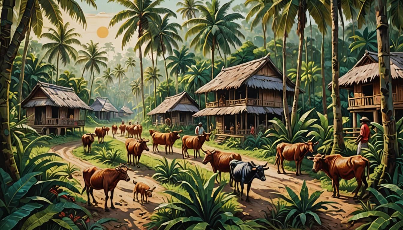 Lush Indonesian Village: A Tribal Folk Art Painting