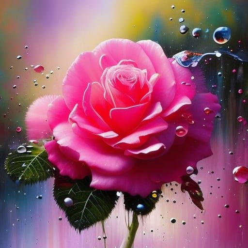 Lush Rose Flowers with Dew Drops: Whimsical Fantasy Painting