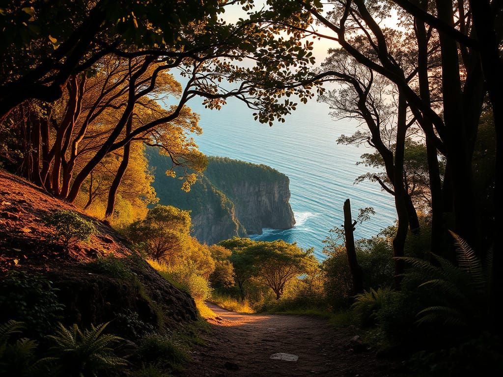 Serene Coastal Landscape with Turquoise Sea and Lush Foliage