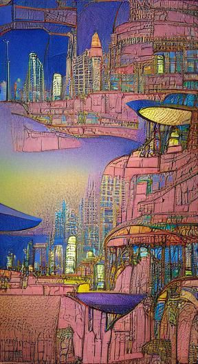 Futuristic Maximalist Cityscape in Watercolor