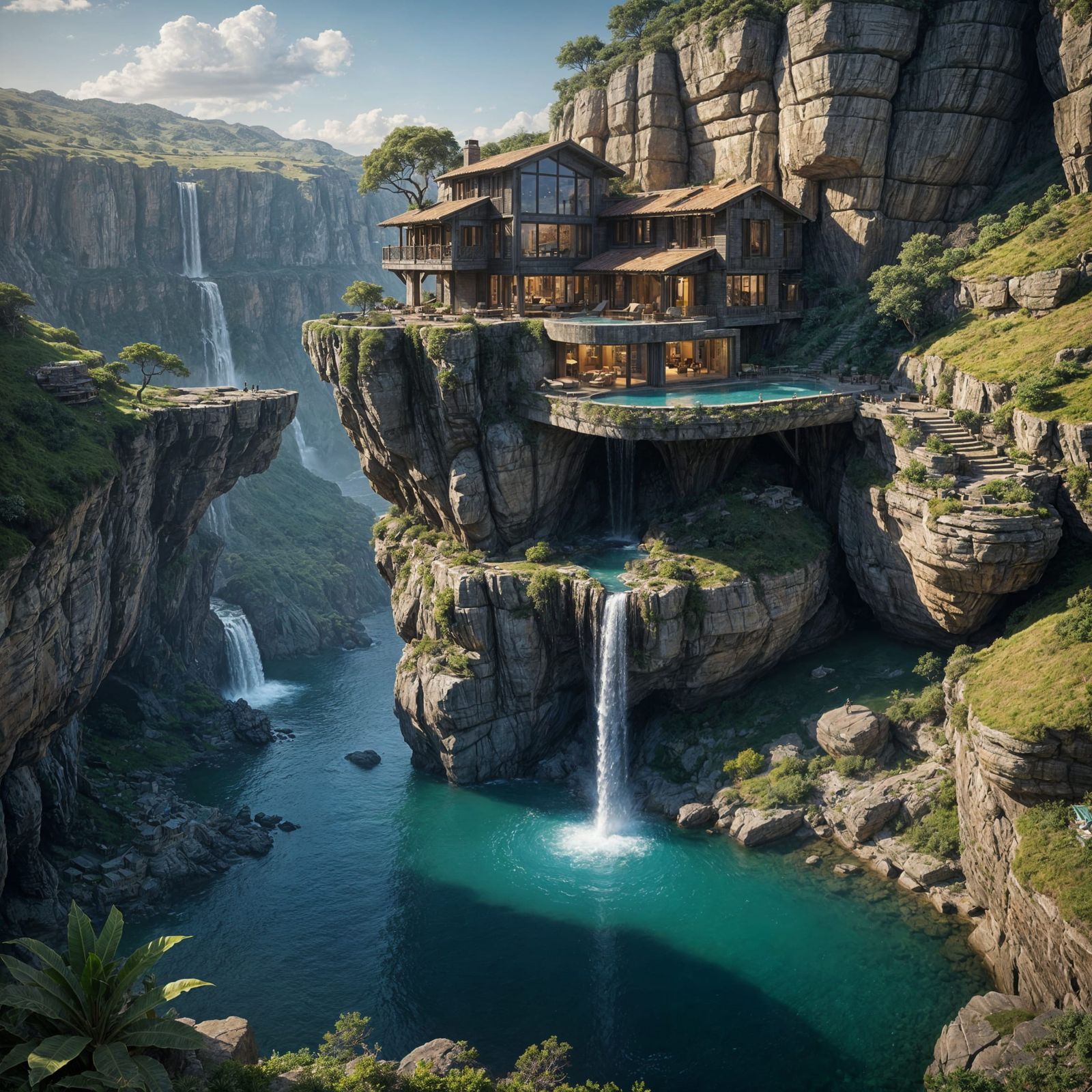 Cliffside House with Waterfall in Dark Fantasy Style