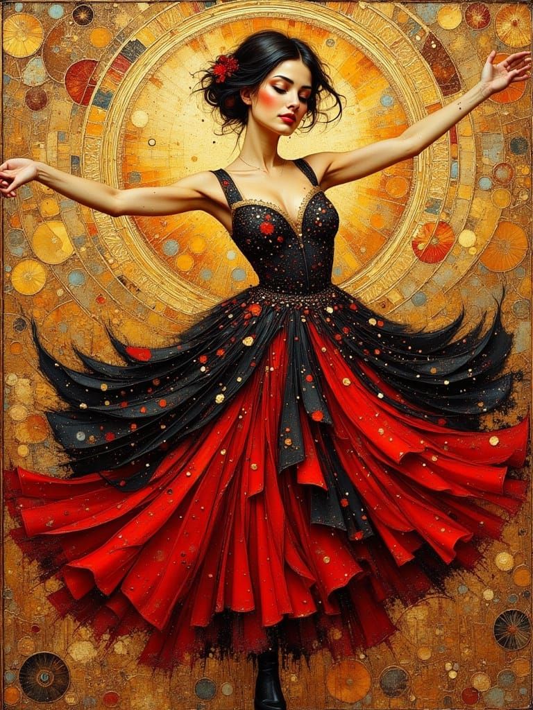 Spanish Dancer in Klimt Style with Red and Black Dress
