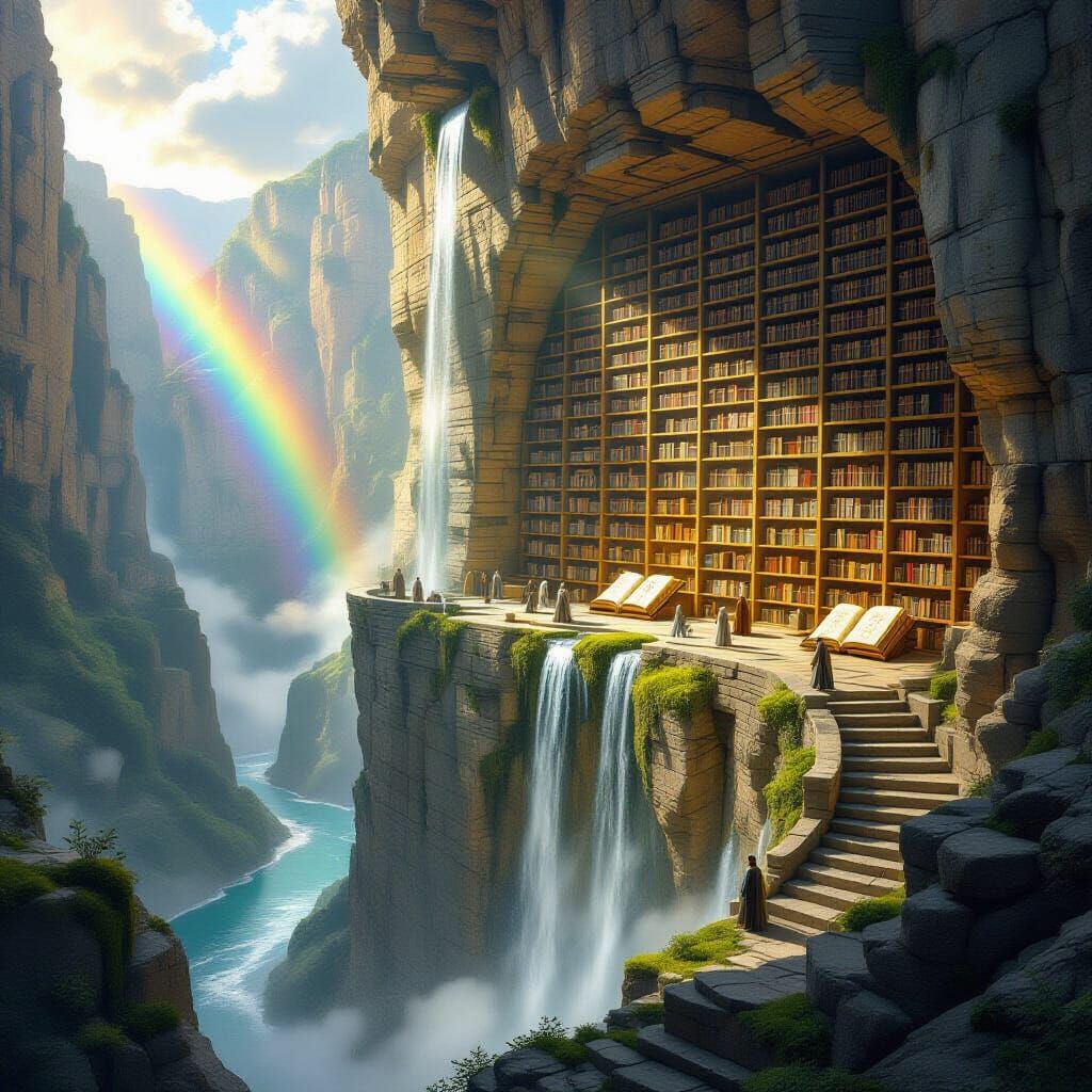 Epic Cliffside Library with Waterfall in High Fantasy Style