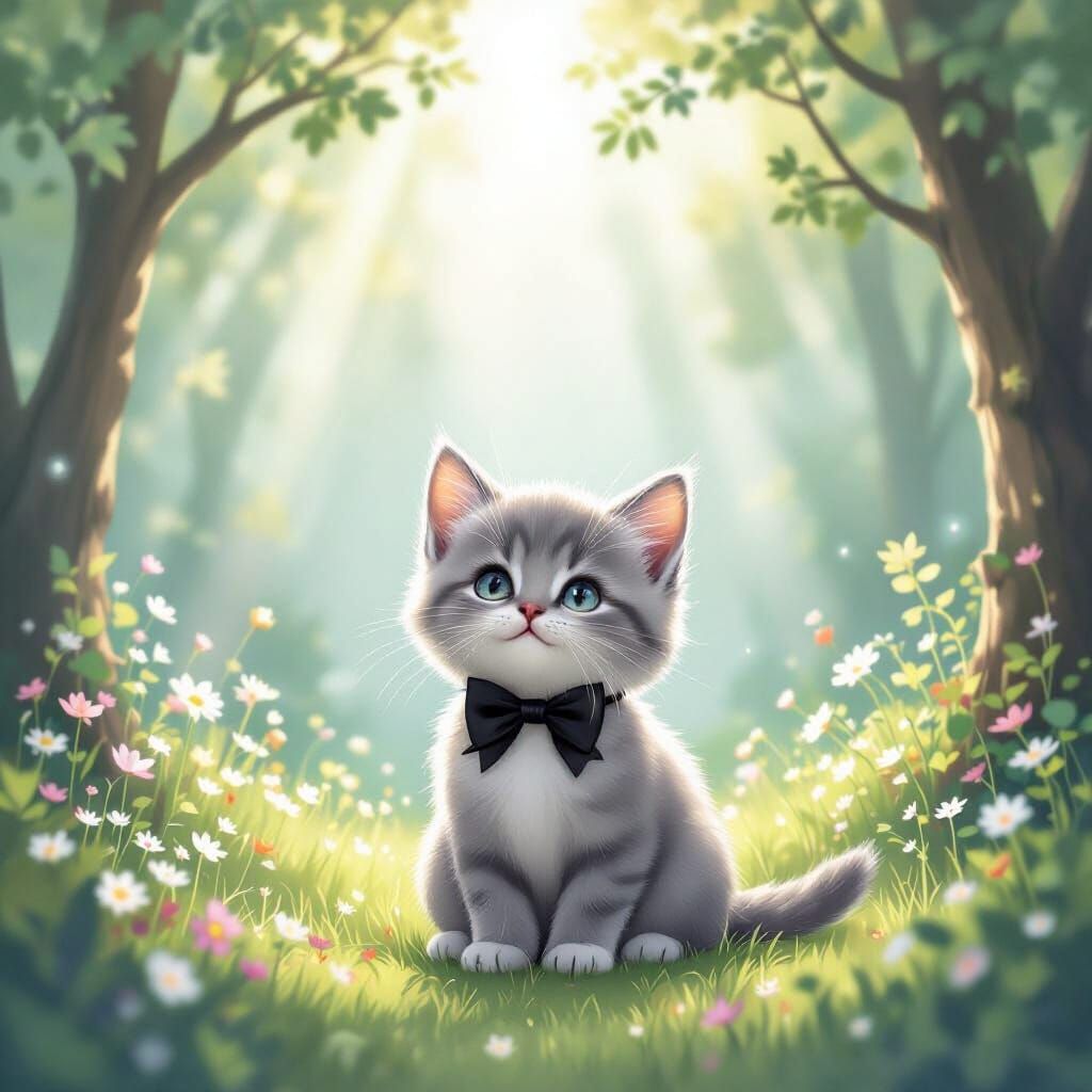 Adorable Grey Kitten in Magical Forest