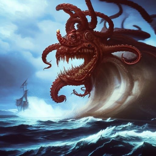 Kraken Attacks Ship in Stormy Sea