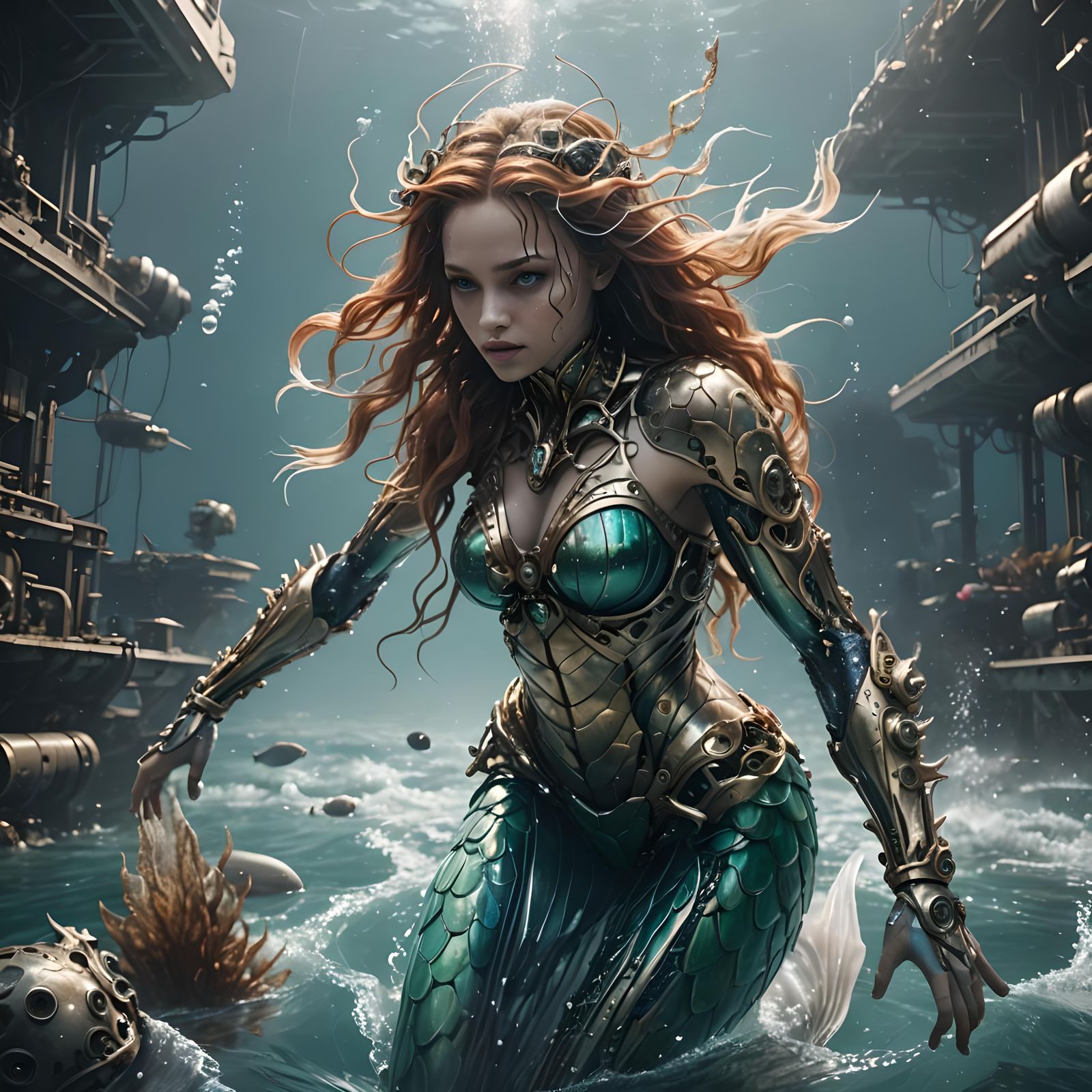 Bio-Engineered Mermaid in Polluted Ocean: Futuristic Sci-Fi