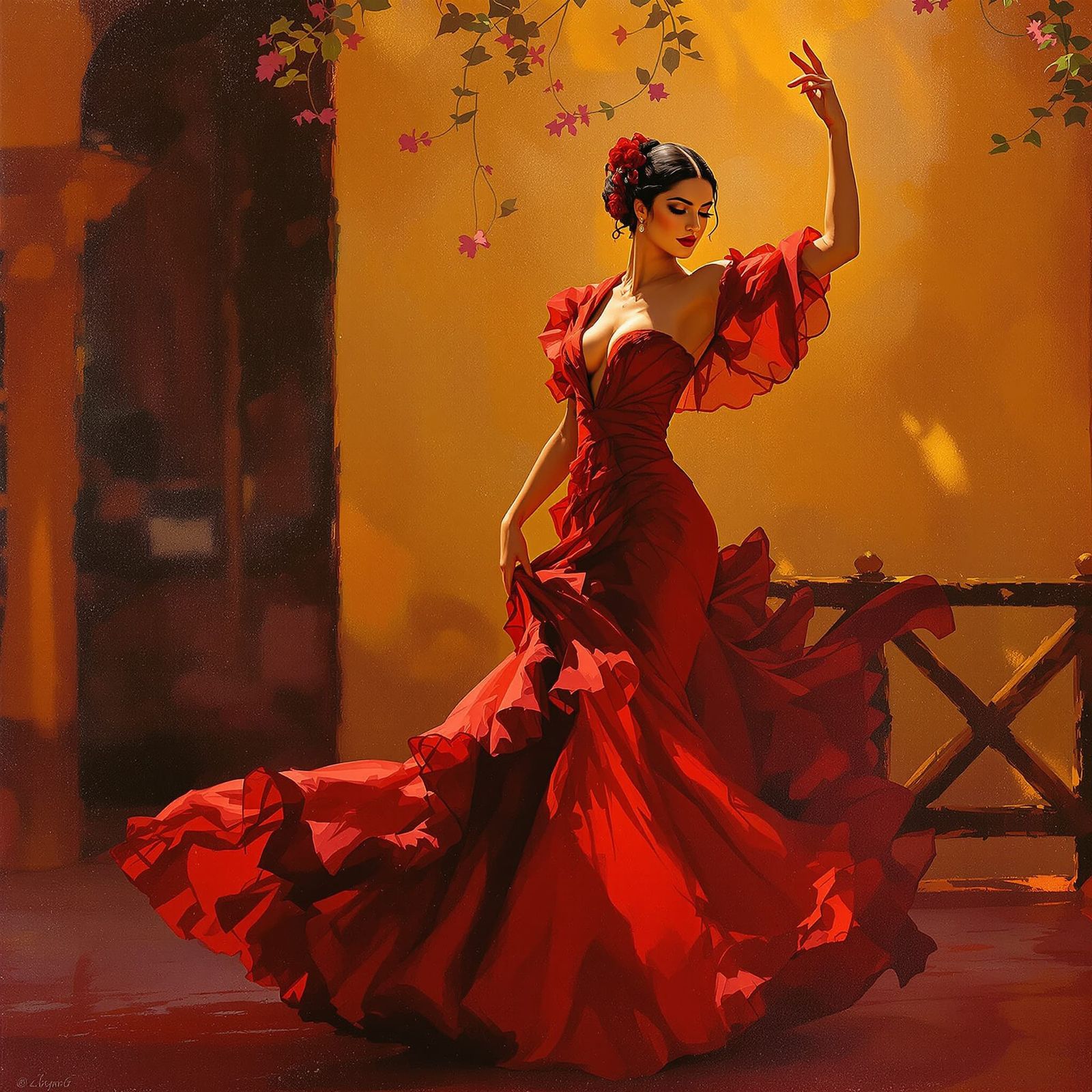 Flamenco Dancer Carmen in Scarlet Robe