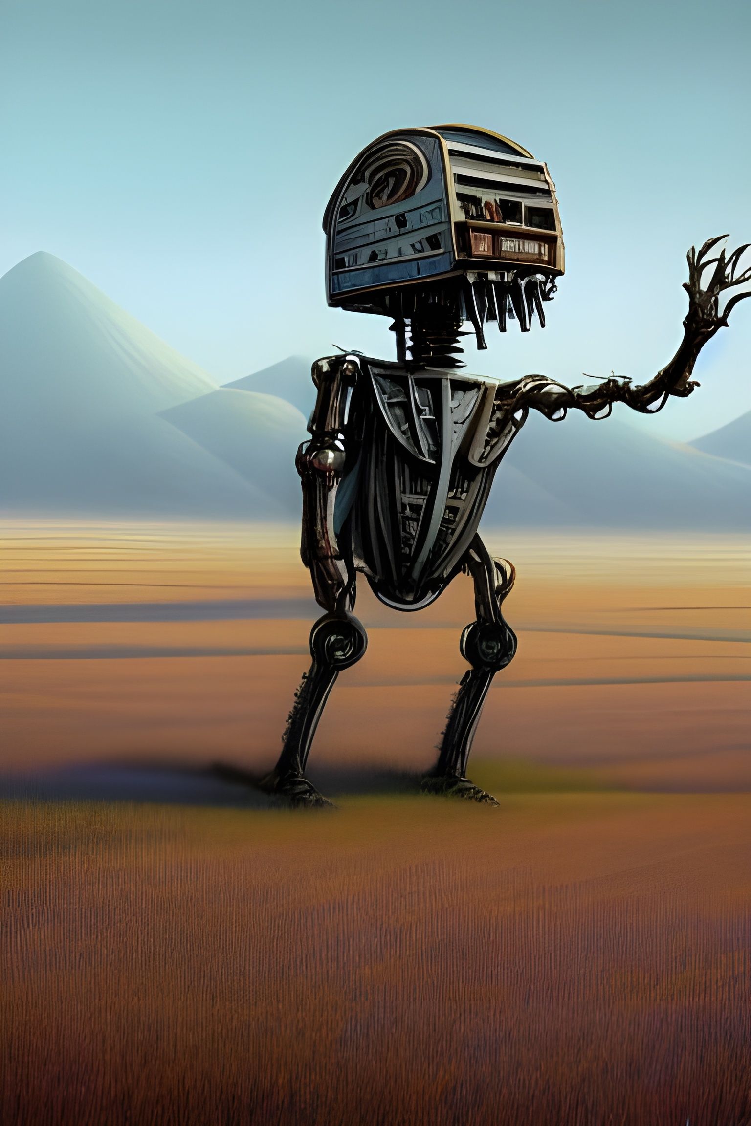 Gigantic Biomechanical Monster in Surreal Steppe Landscape