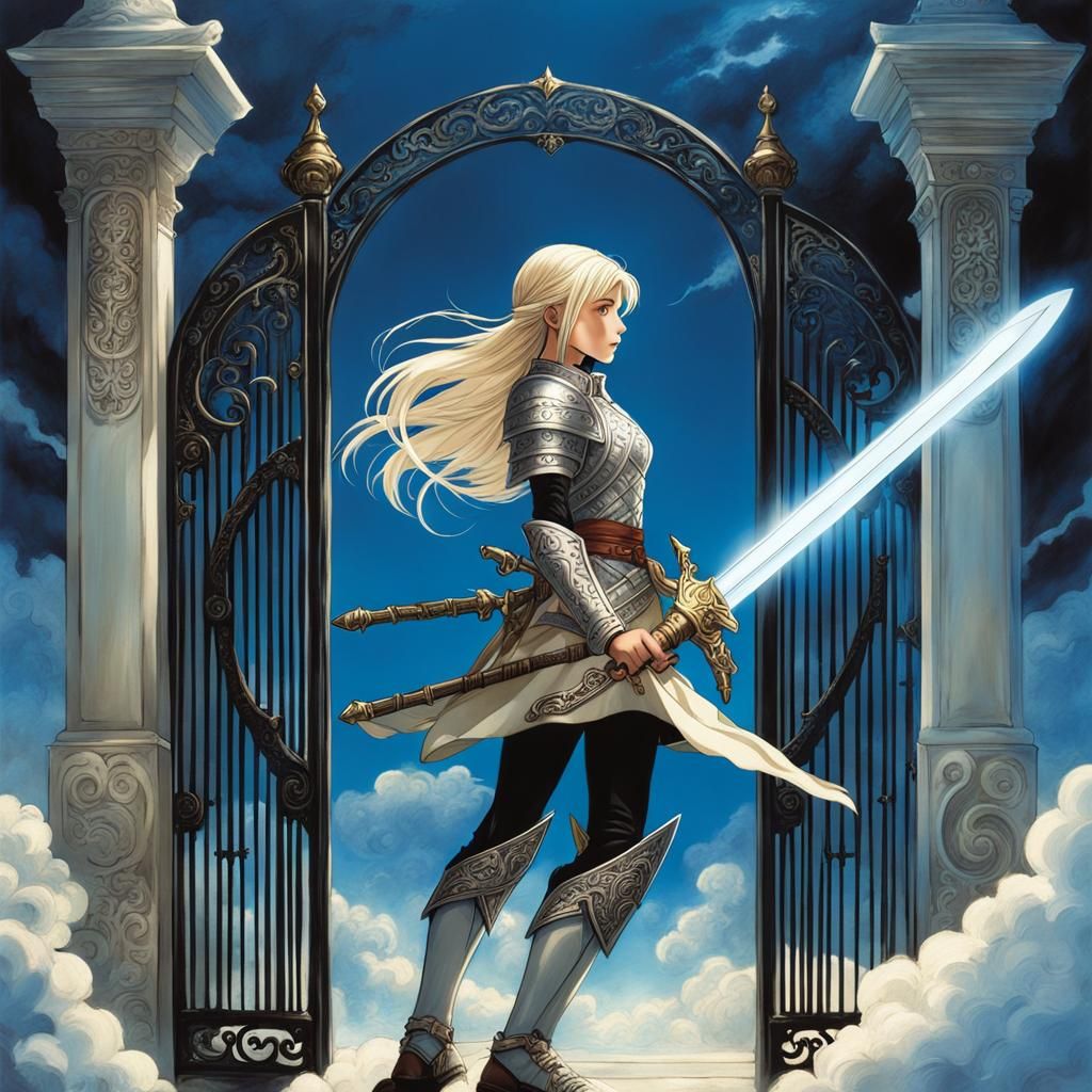 Anime Girl Guards Gate with Glowing Sword