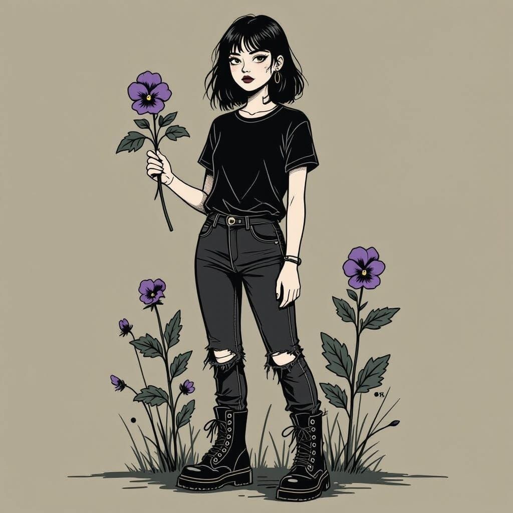 Emo Girl with Violet, Grunge Digital Illustration