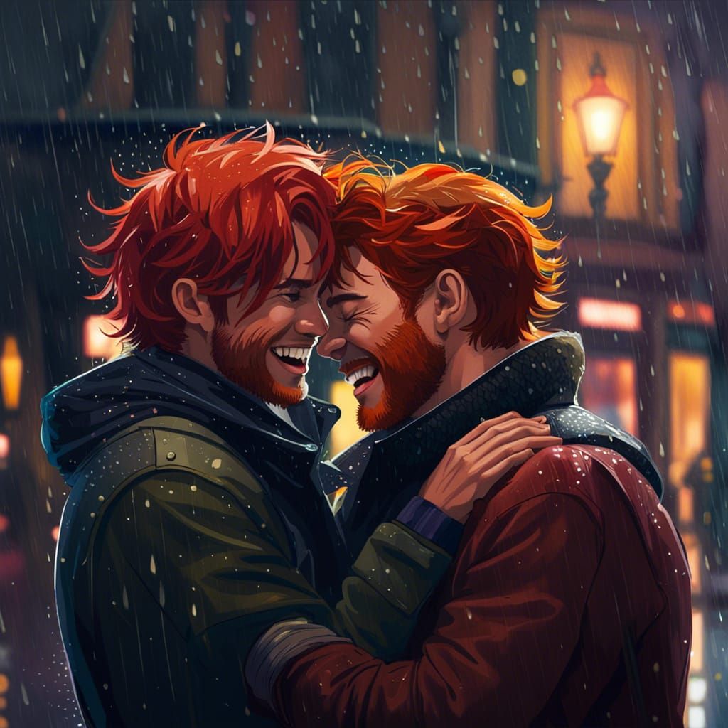 Gay Couple's Rainy Autumn Embrace