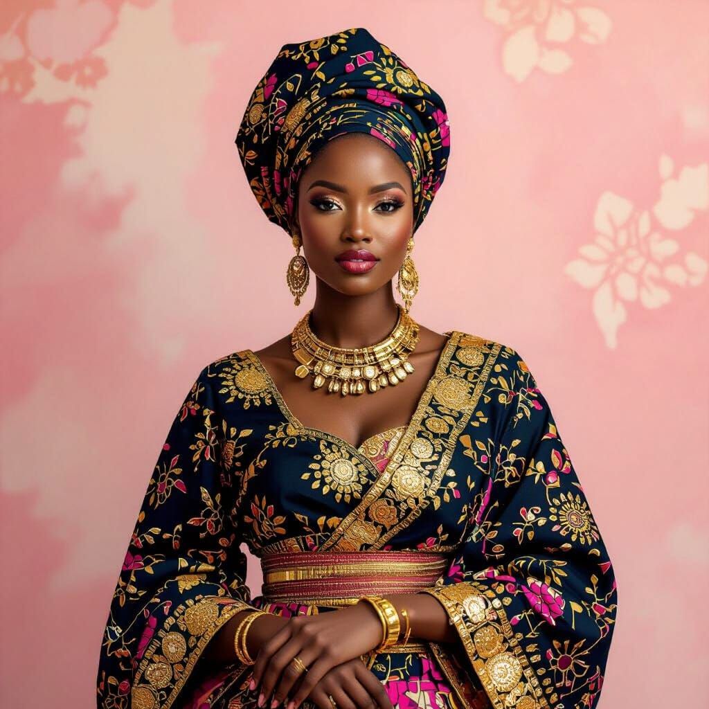 Elegant African Woman in Gold and Pink, Minimalist Art