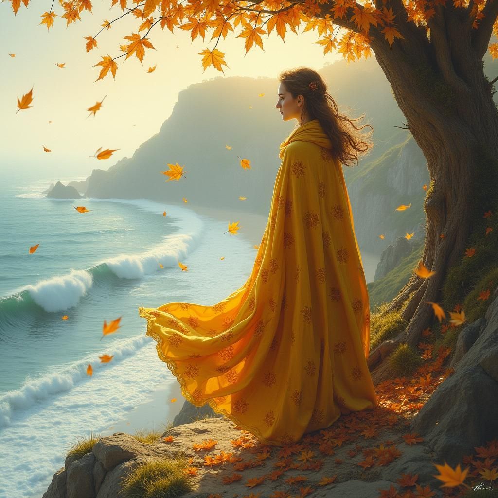 Woman in Autumn Cloak at Mystical Seaside